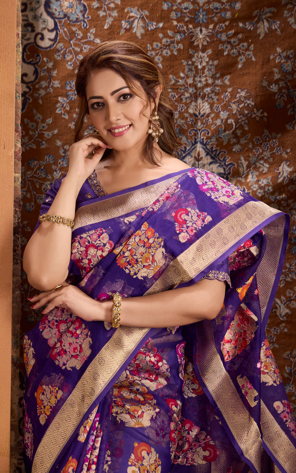 Violet Banarasi Kora Saree With Mina Weaves