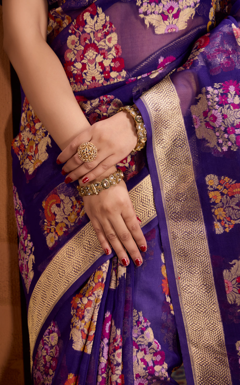 Violet Banarasi Kora Saree With Mina Weaves