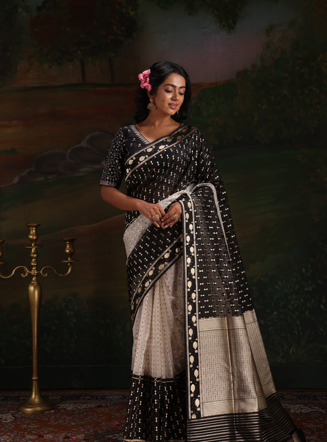 Off White & Black Banarasi Kora Saree With Kadhua Weaves