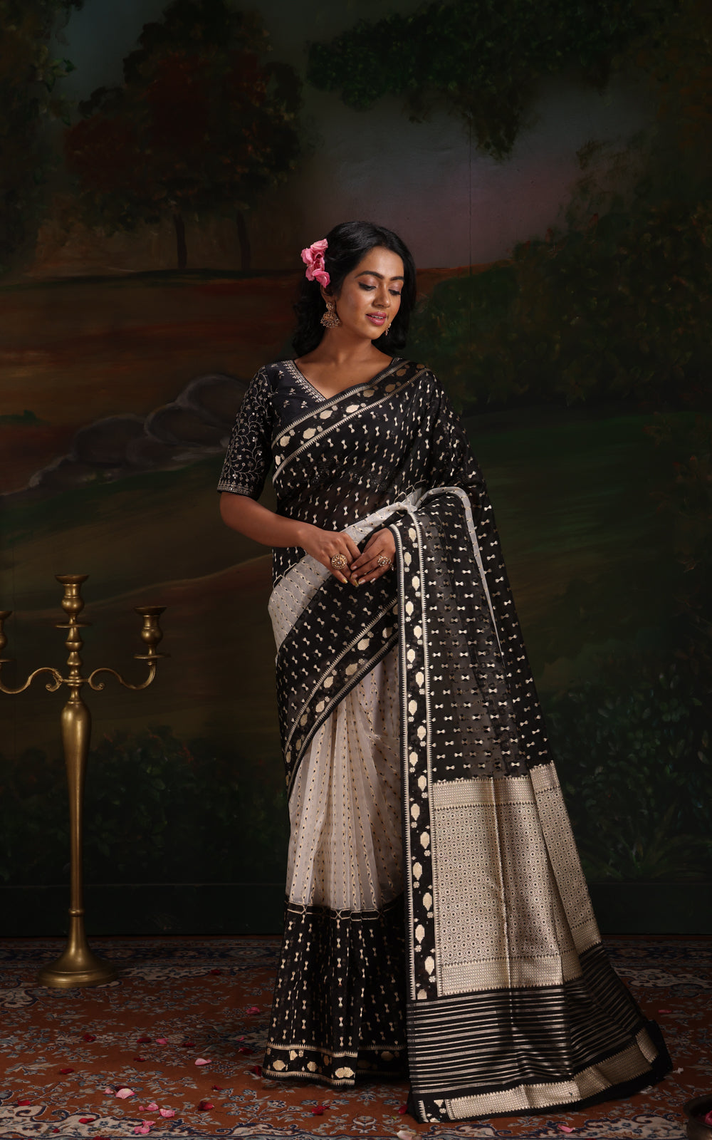 Off White & Black Banarasi Kora Saree With Kadhua Weaves