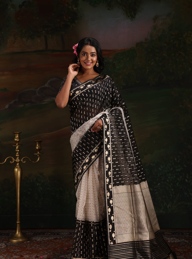 Off White & Black Banarasi Kora Saree With Kadhua Weaves