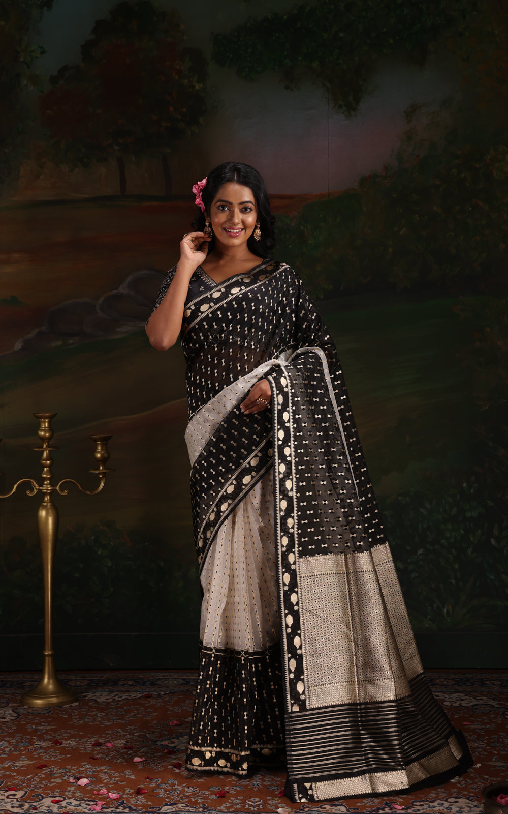 Off White & Black Banarasi Kora Saree With Kadhua Weaves