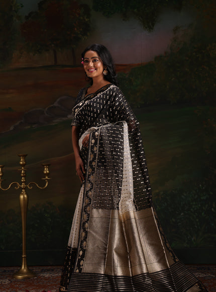 Off White & Black Banarasi Kora Saree With Kadhua Weaves