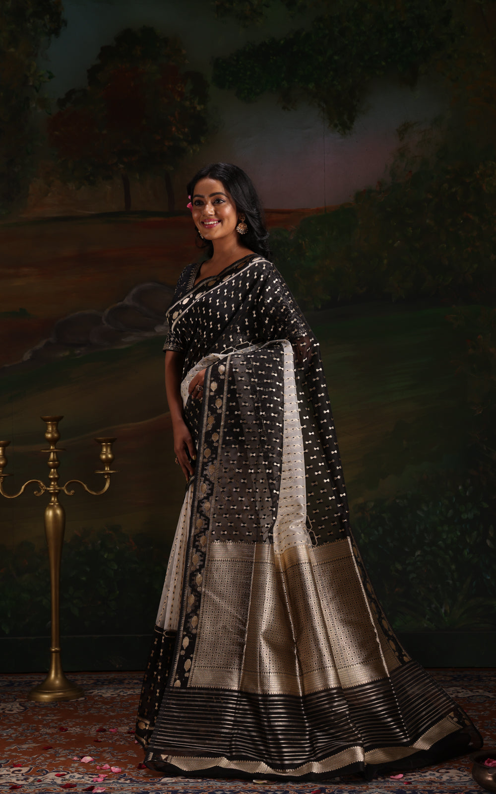 Off White & Black Banarasi Kora Saree With Kadhua Weaves
