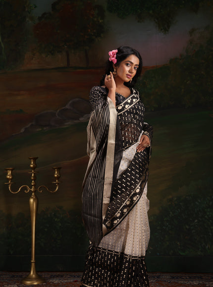 Off White & Black Banarasi Kora Saree With Kadhua Weaves