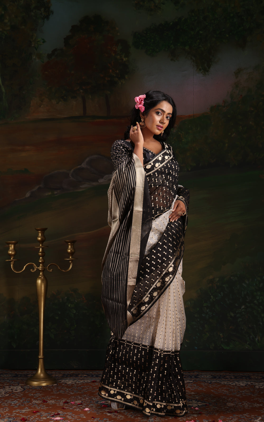 Off White & Black Banarasi Kora Saree With Kadhua Weaves