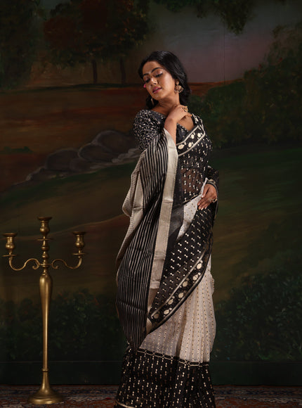 Off White & Black Banarasi Kora Saree With Kadhua Weaves