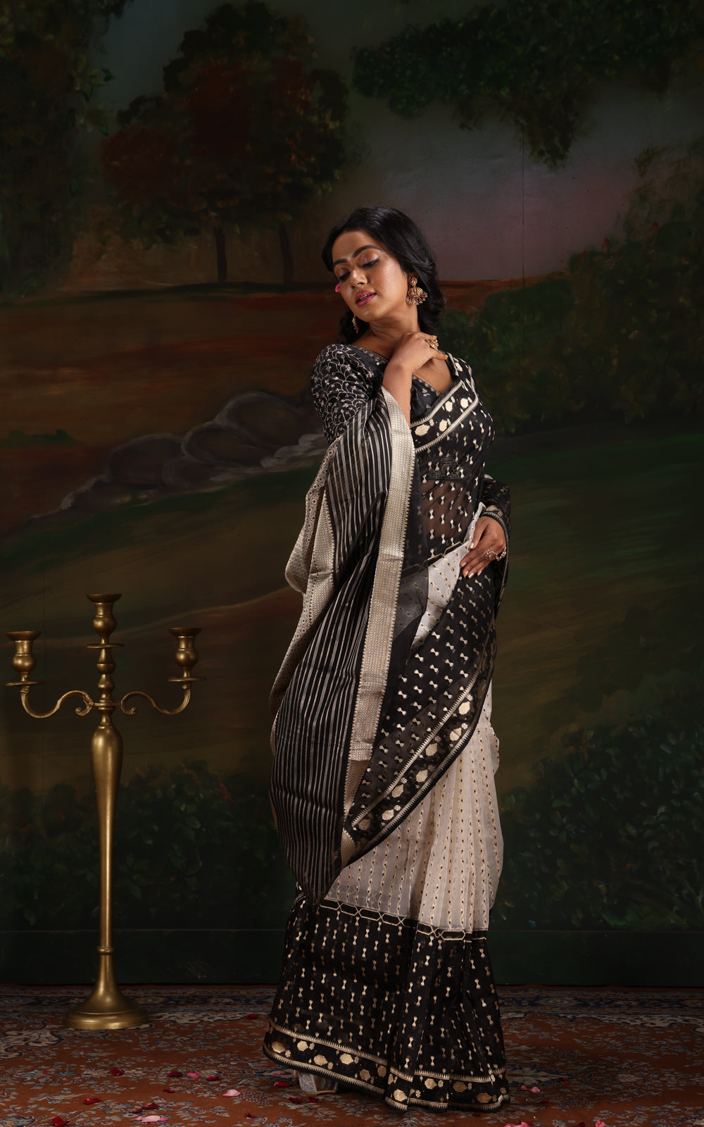 Off White & Black Banarasi Kora Saree With Kadhua Weaves