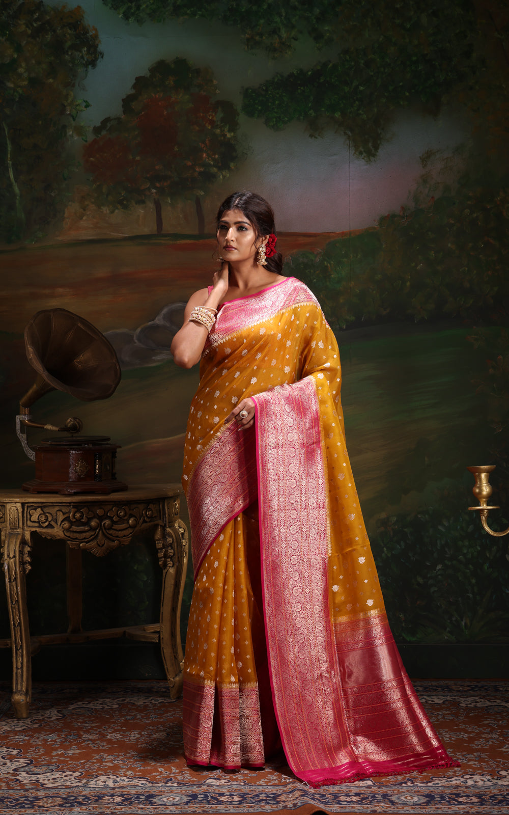 Yellow & Pink Iktara Kora Silk Saree