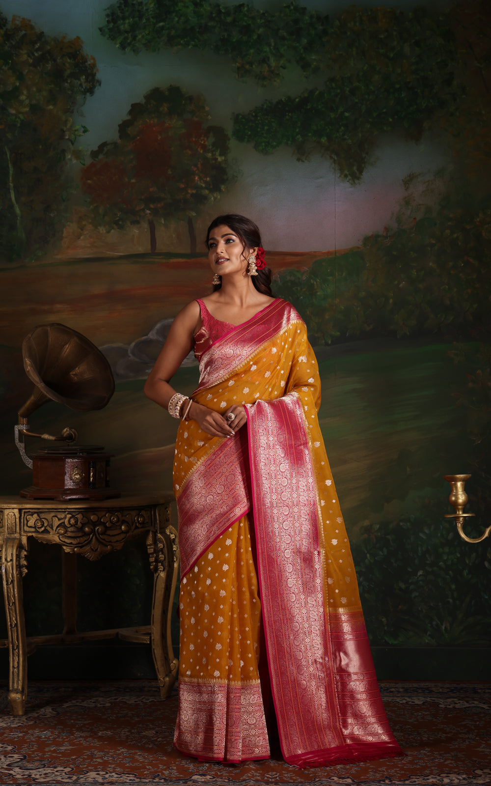 Yellow & Pink Iktara Kora Silk Saree