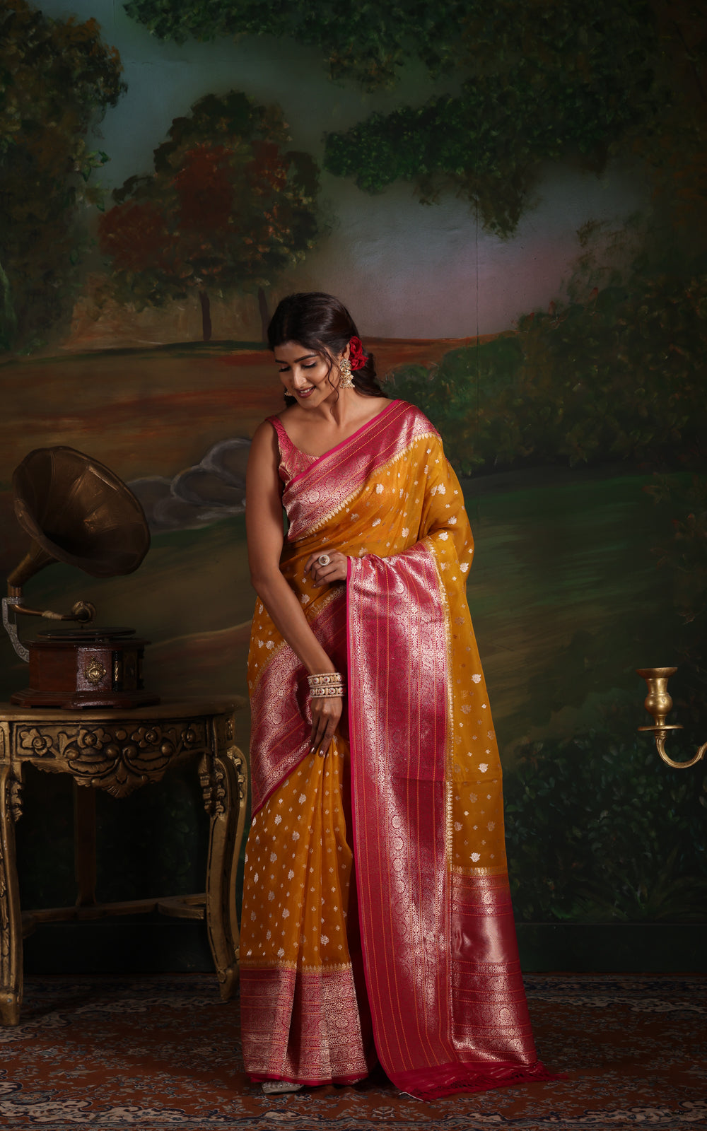 Yellow & Pink Iktara Kora Silk Saree