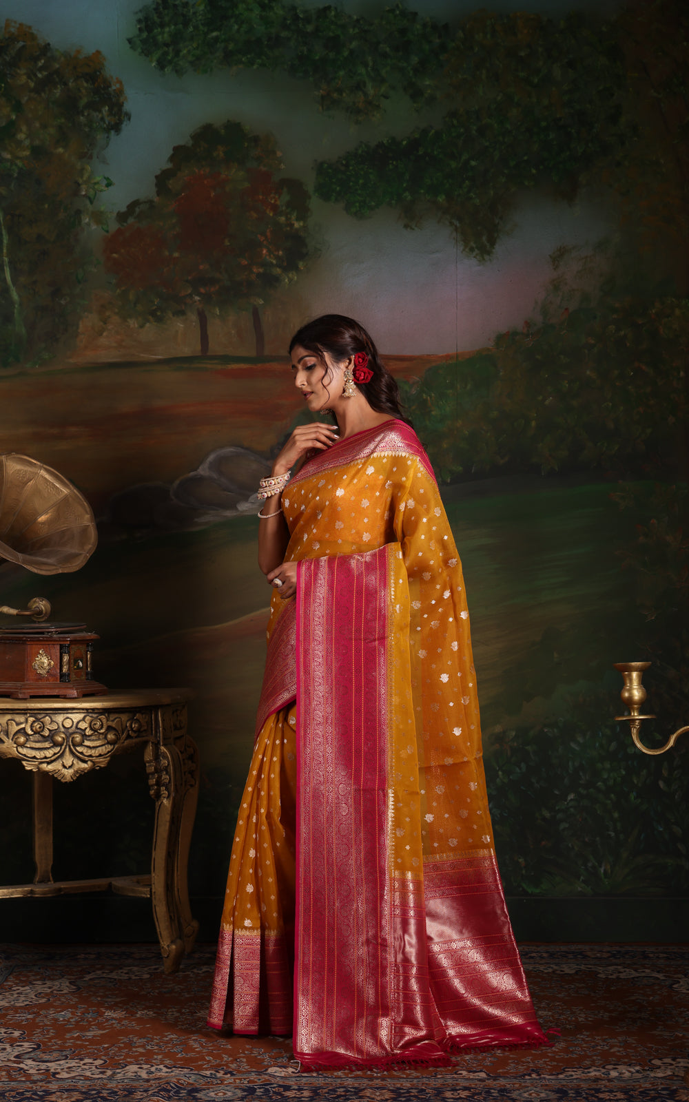 Yellow & Pink Iktara Kora Silk Saree