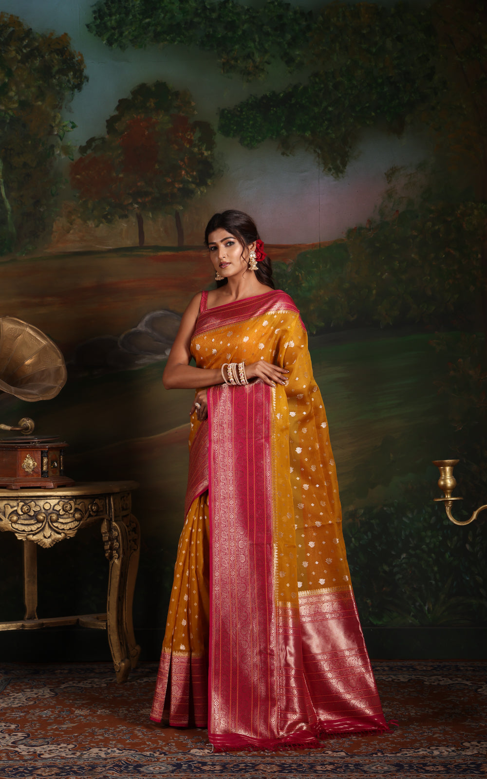 Yellow & Pink Iktara Kora Silk Saree