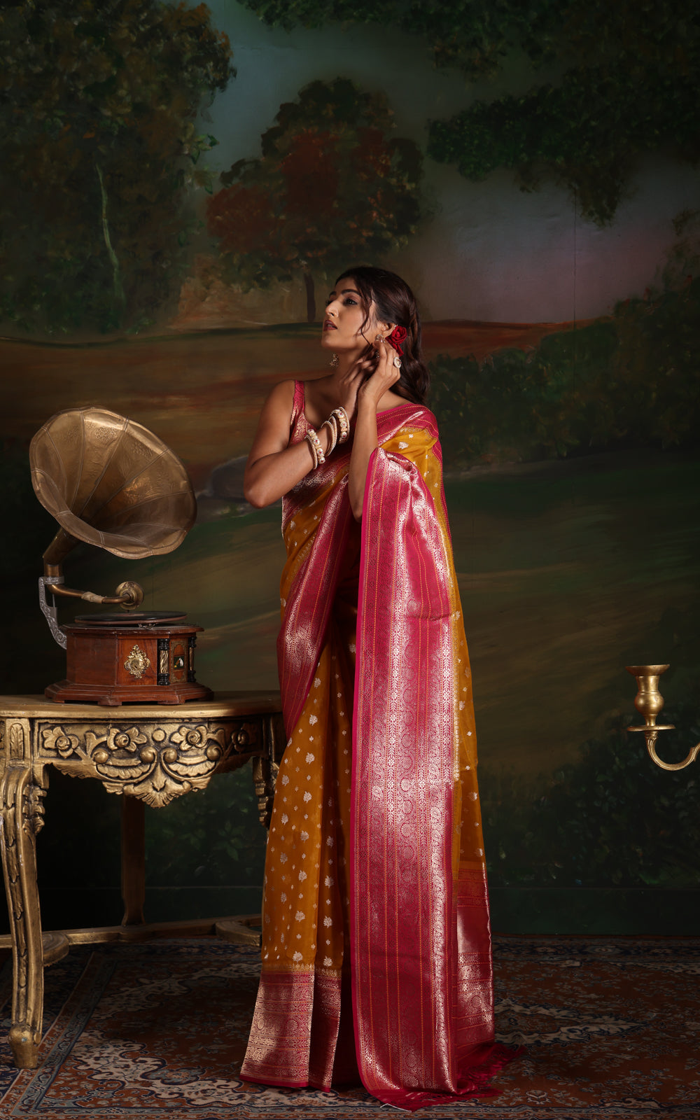 Yellow & Pink Iktara Kora Silk Saree