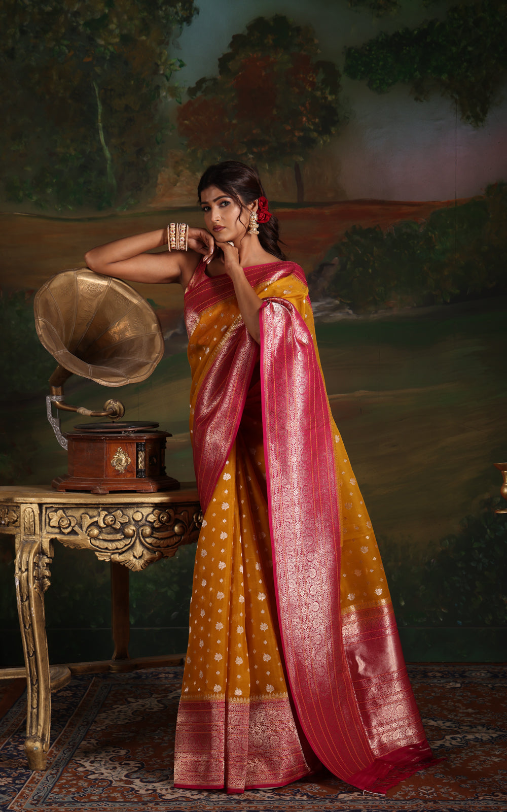 Yellow & Pink Iktara Kora Silk Saree