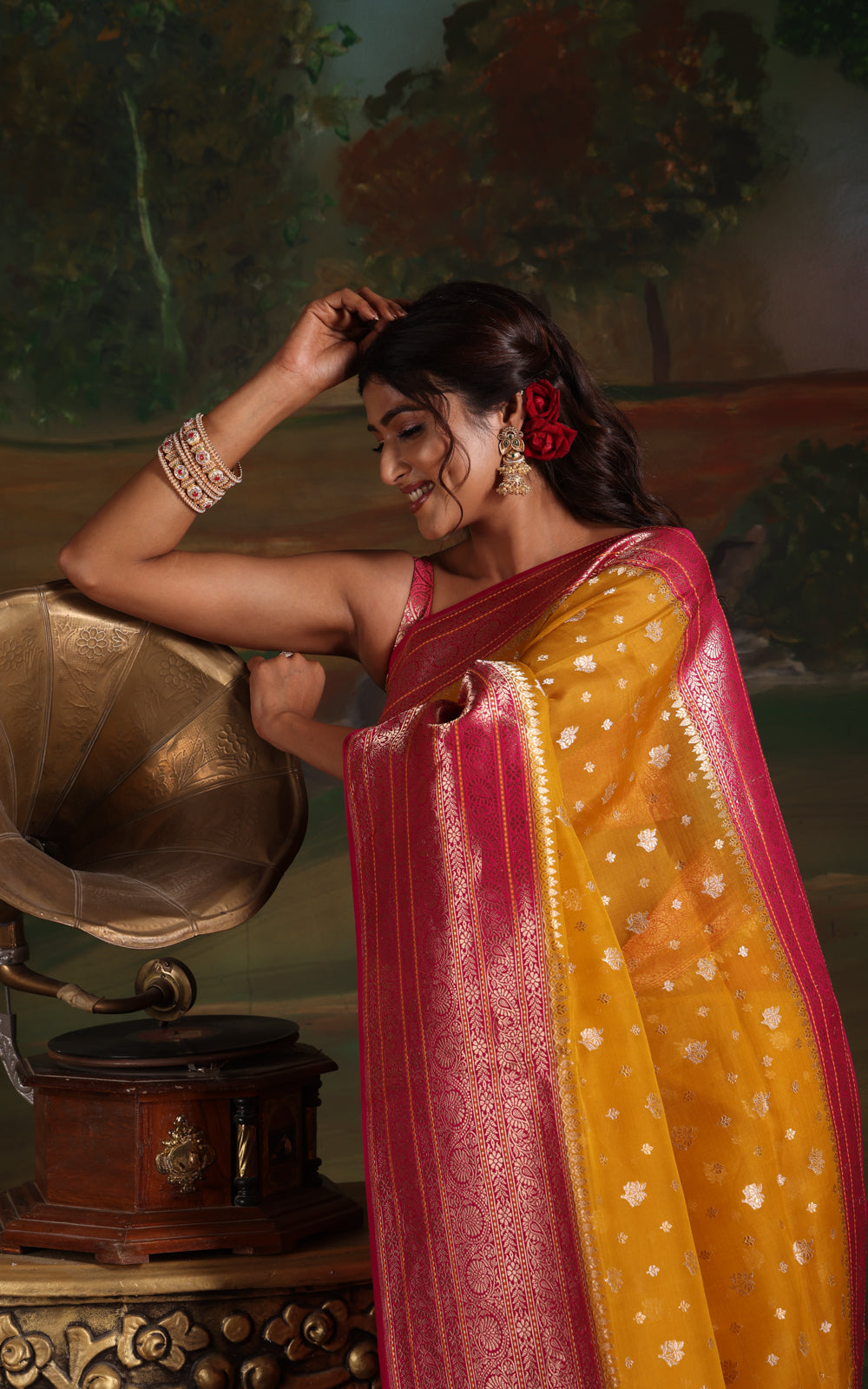 Yellow & Pink Iktara Kora Silk Saree