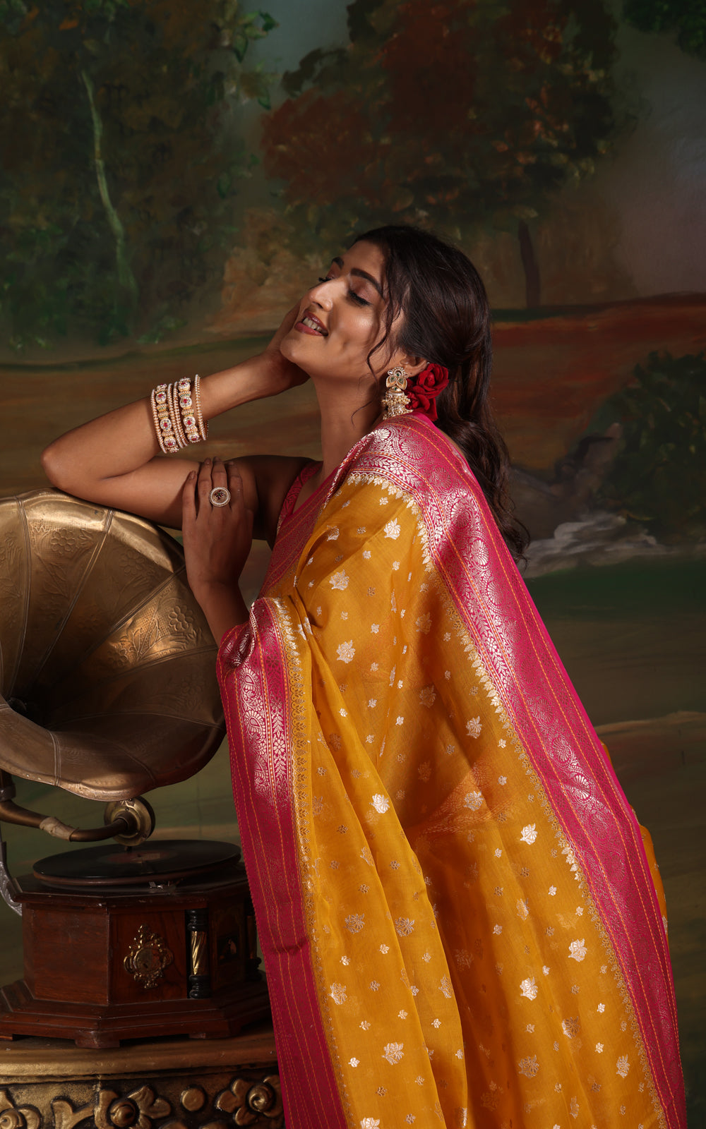 Yellow & Pink Iktara Kora Silk Saree