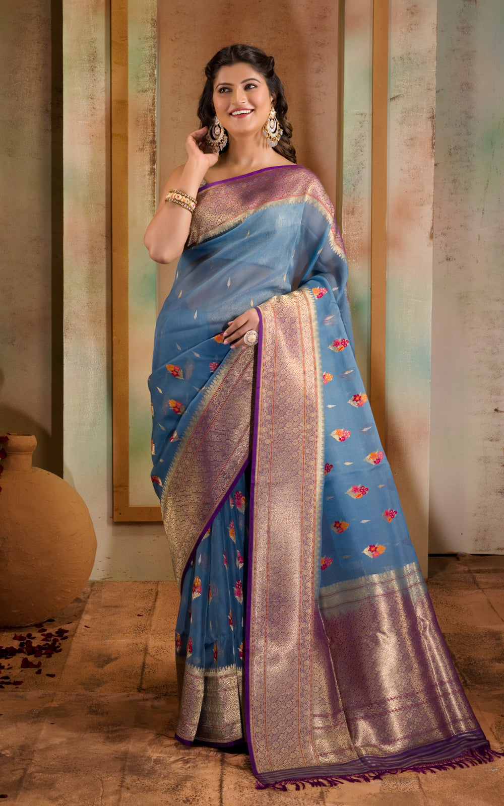Blue & Violet Iktara Kora Silk Saree