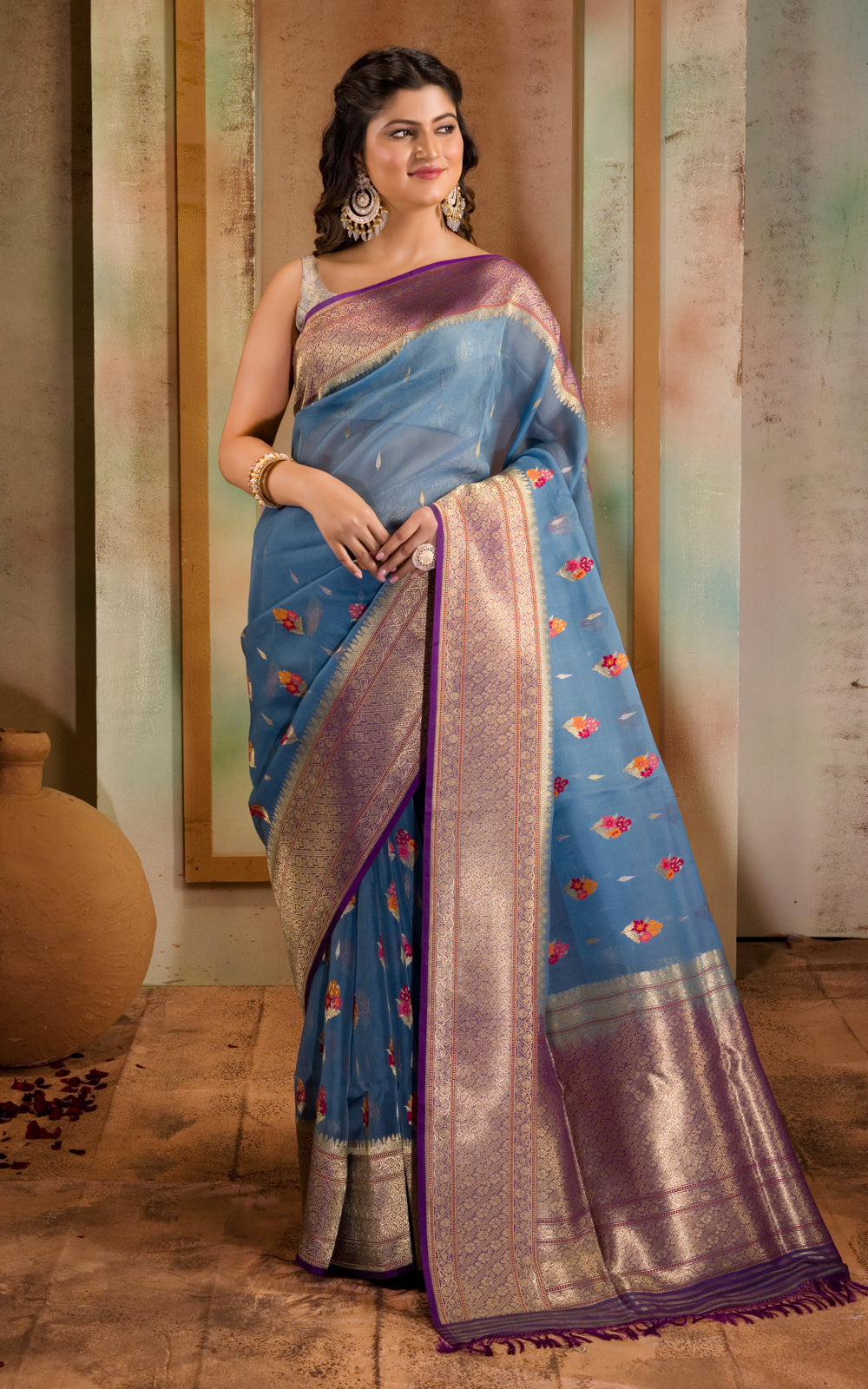 Blue & Violet Iktara Kora Silk Saree