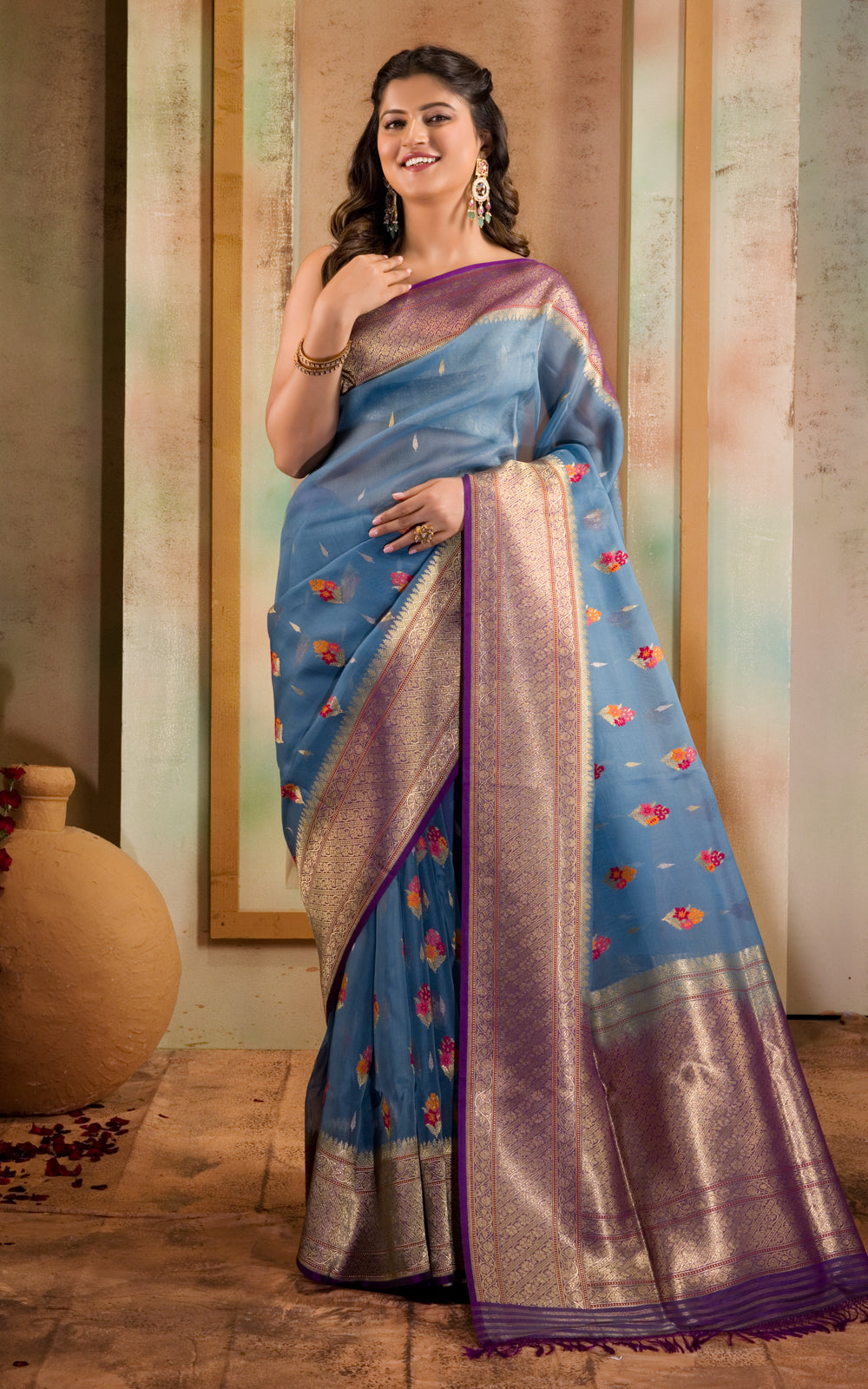 Blue & Violet Iktara Kora Silk Saree