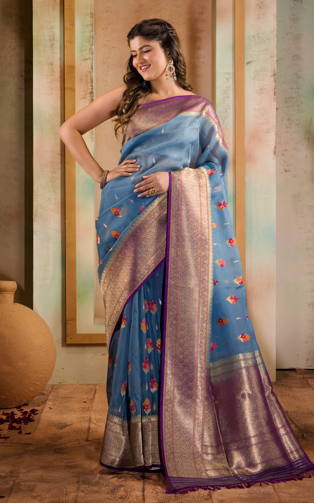 Blue & Violet Iktara Kora Silk Saree