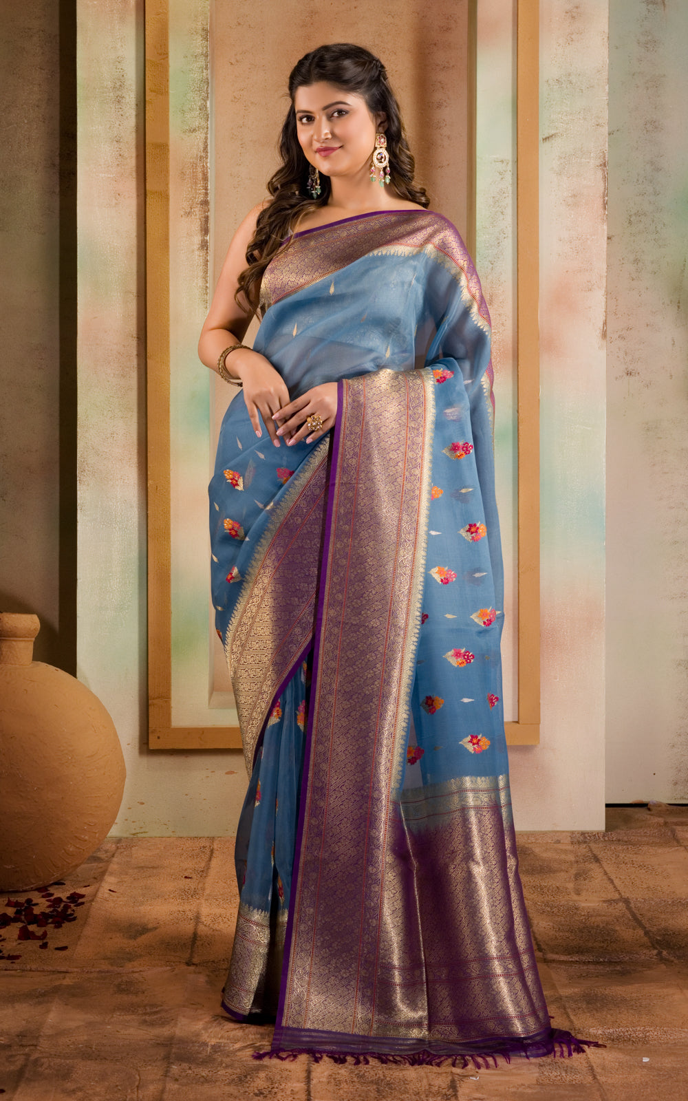 Blue & Violet Iktara Kora Silk Saree