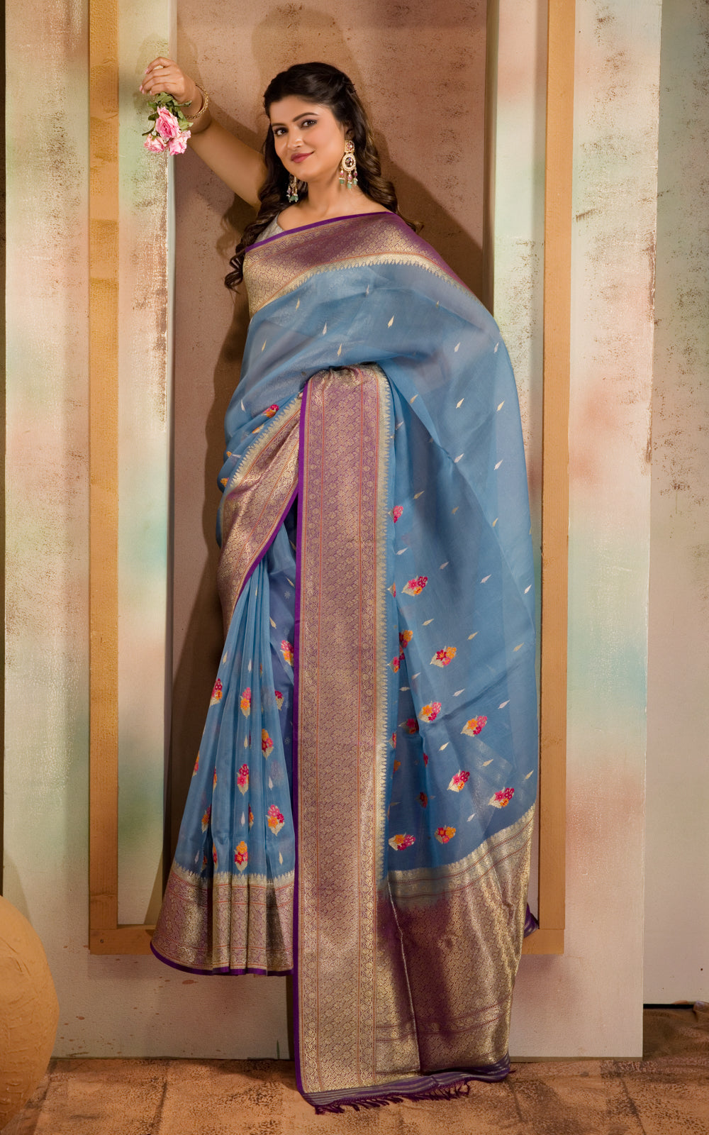 Blue & Violet Iktara Kora Silk Saree