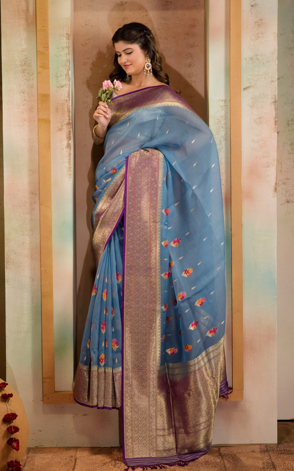 Blue & Violet Iktara Kora Silk Saree