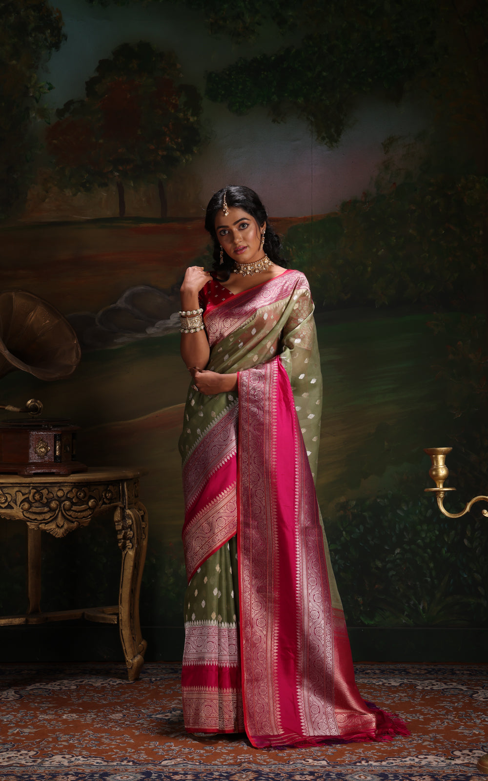 Pastel Green & Pink Iktara Kora Silk Saree