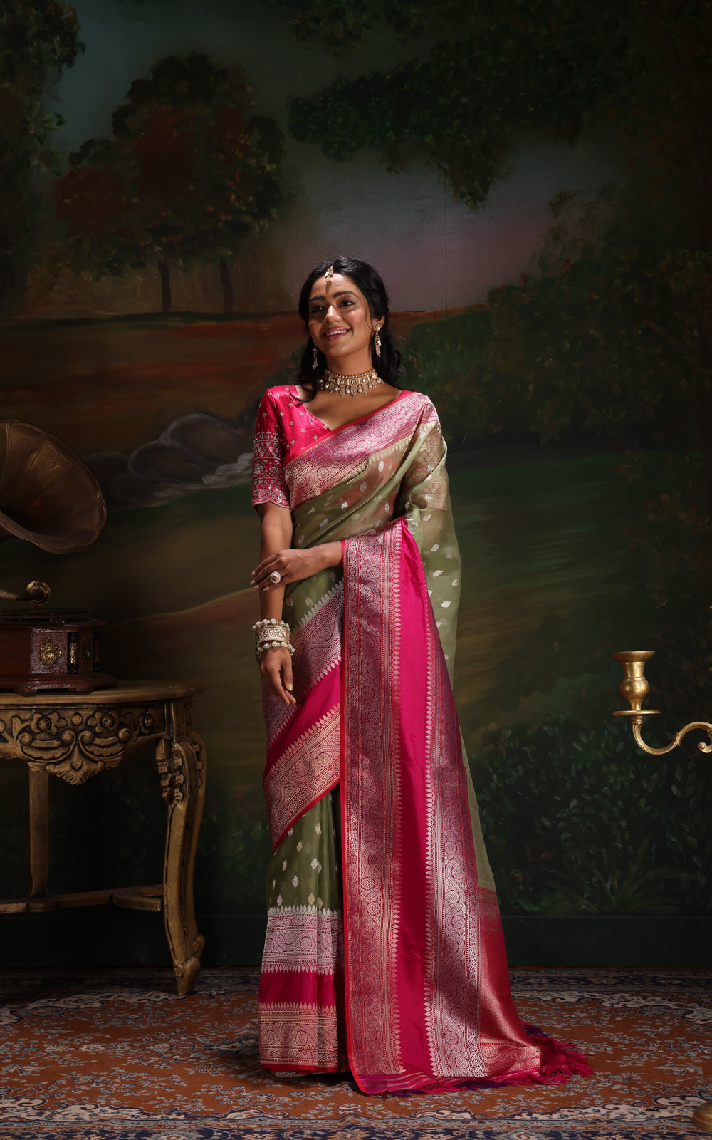 Pastel Green & Pink Iktara Kora Silk Saree