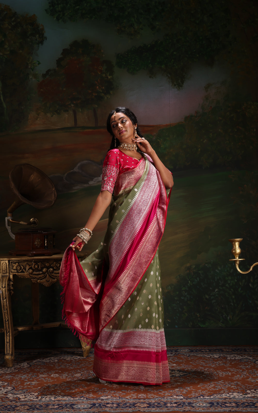 Pastel Green & Pink Iktara Kora Silk Saree