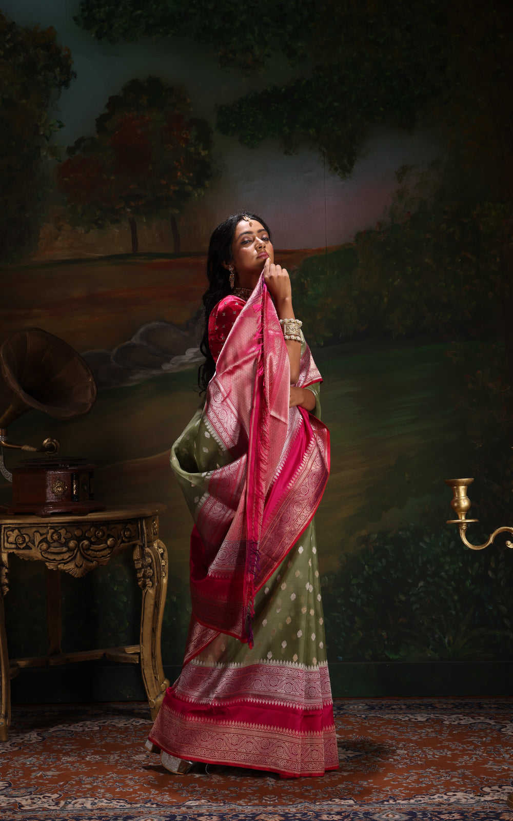 Pastel Green & Pink Iktara Kora Silk Saree