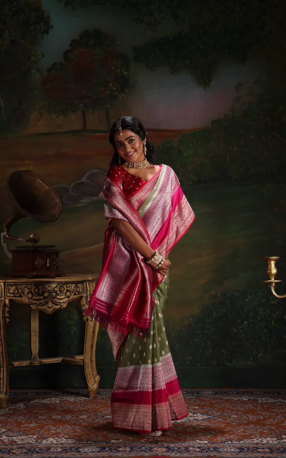 Pastel Green & Pink Iktara Kora Silk Saree