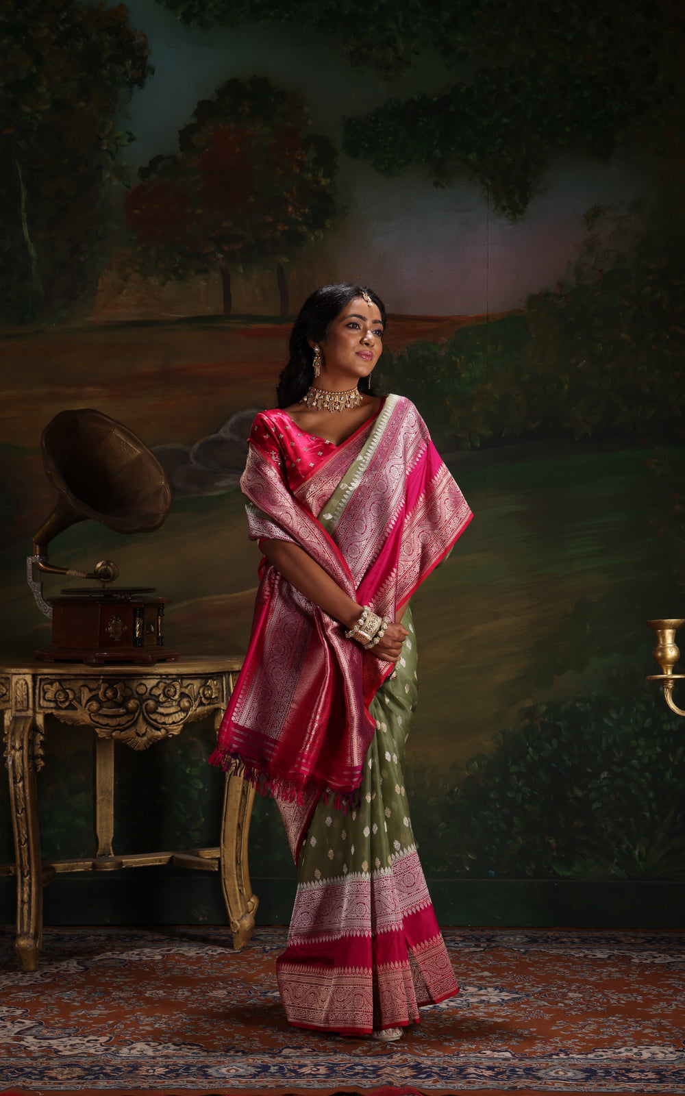 Pastel Green & Pink Iktara Kora Silk Saree