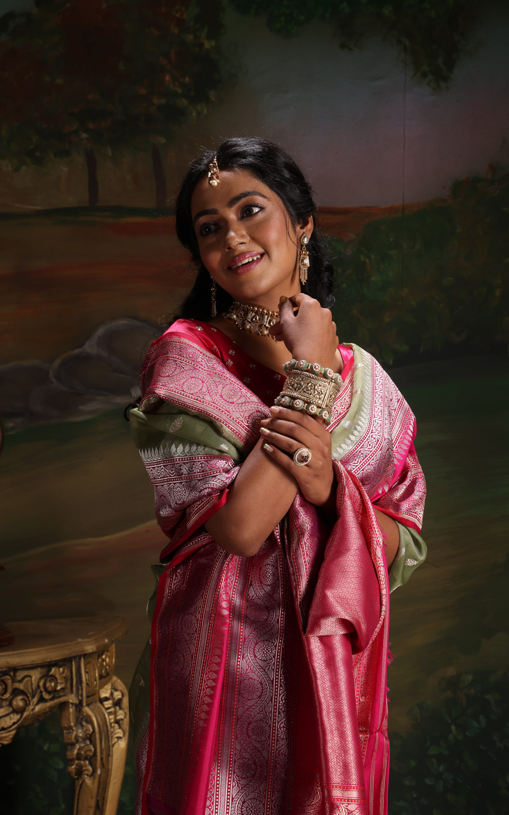 Pastel Green & Pink Iktara Kora Silk Saree