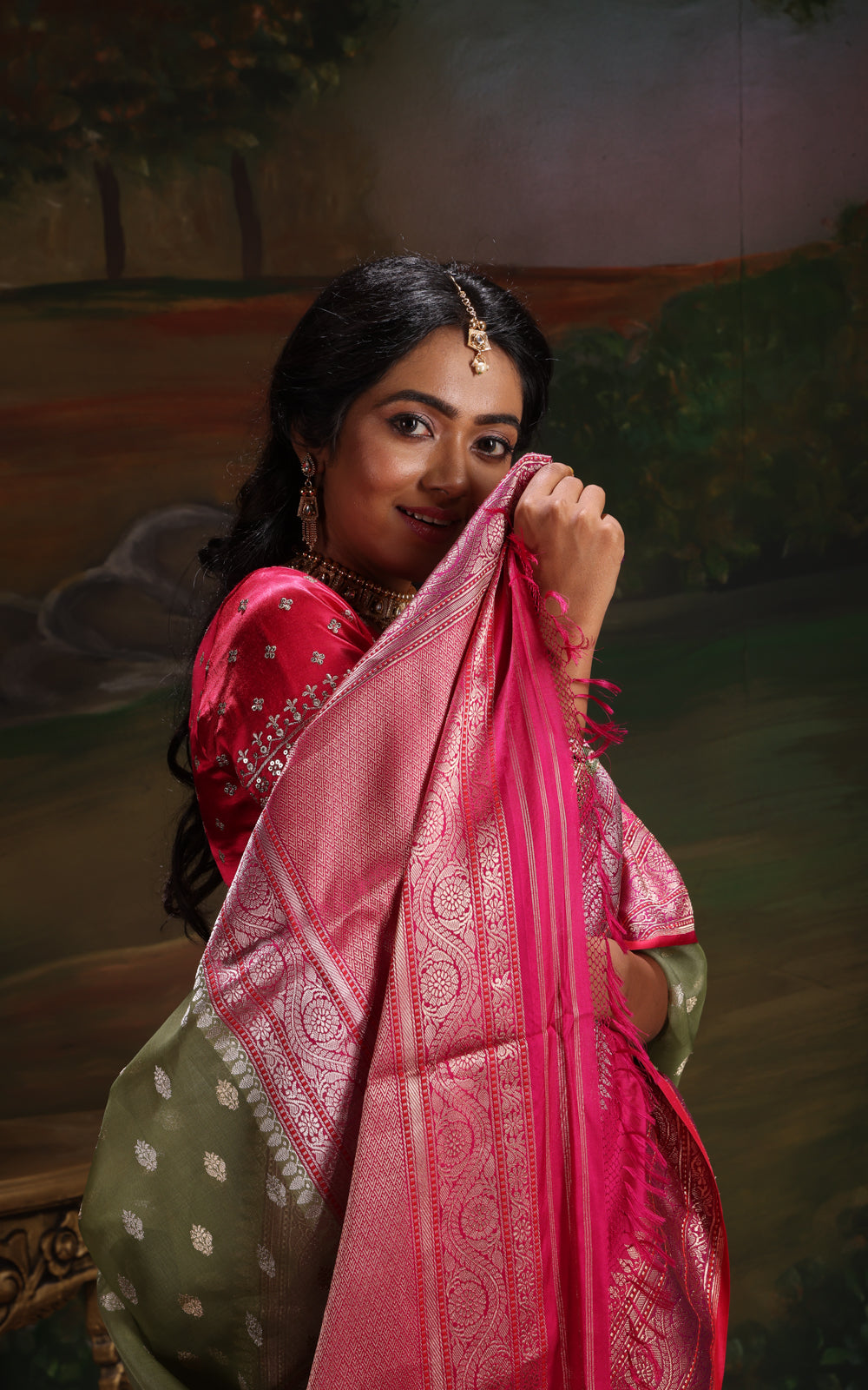 Pastel Green & Pink Iktara Kora Silk Saree