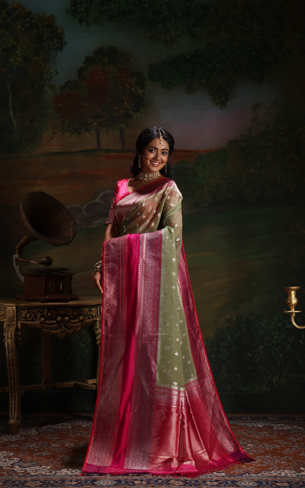Pastel Green & Pink Iktara Kora Silk Saree