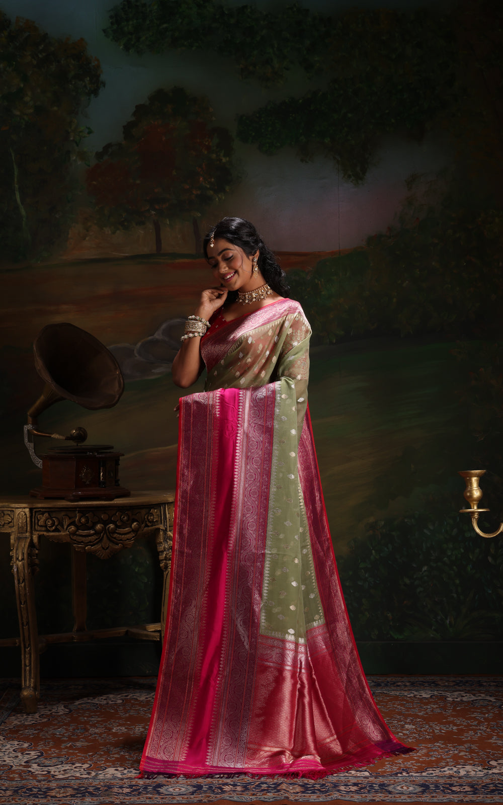 Pastel Green & Pink Iktara Kora Silk Saree