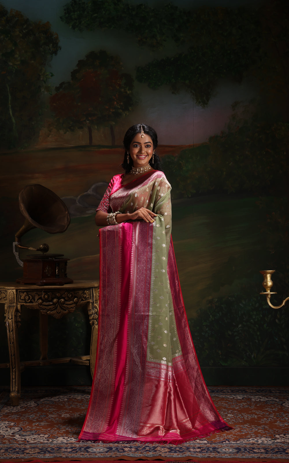 Pastel Green & Pink Iktara Kora Silk Saree