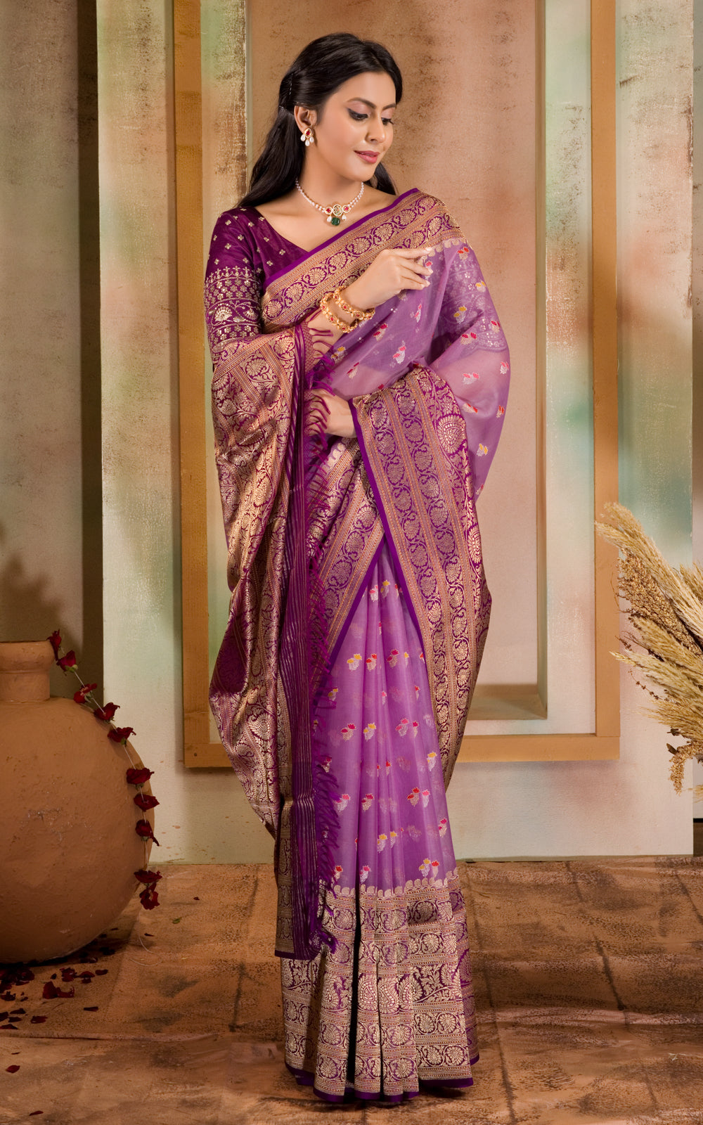 Lavender & Purple Iktara Kora Silk Saree