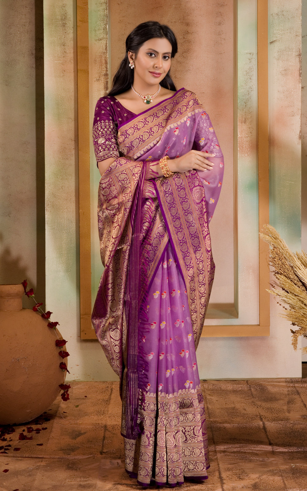 Lavender & Purple Iktara Kora Silk Saree