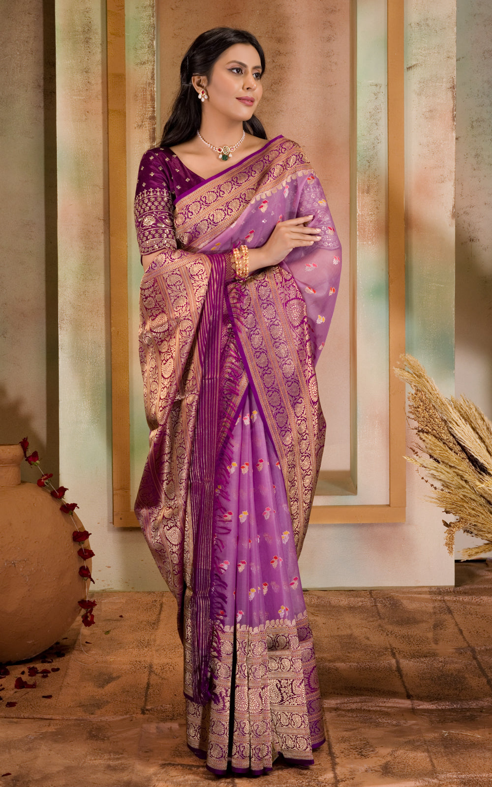 Lavender & Purple Iktara Kora Silk Saree