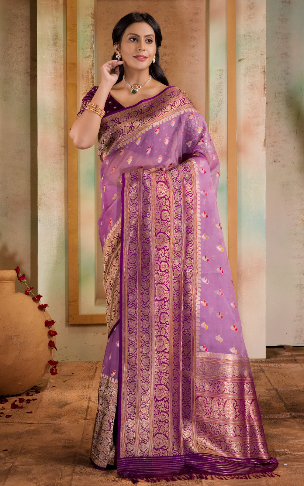 Lavender & Purple Iktara Kora Silk Saree