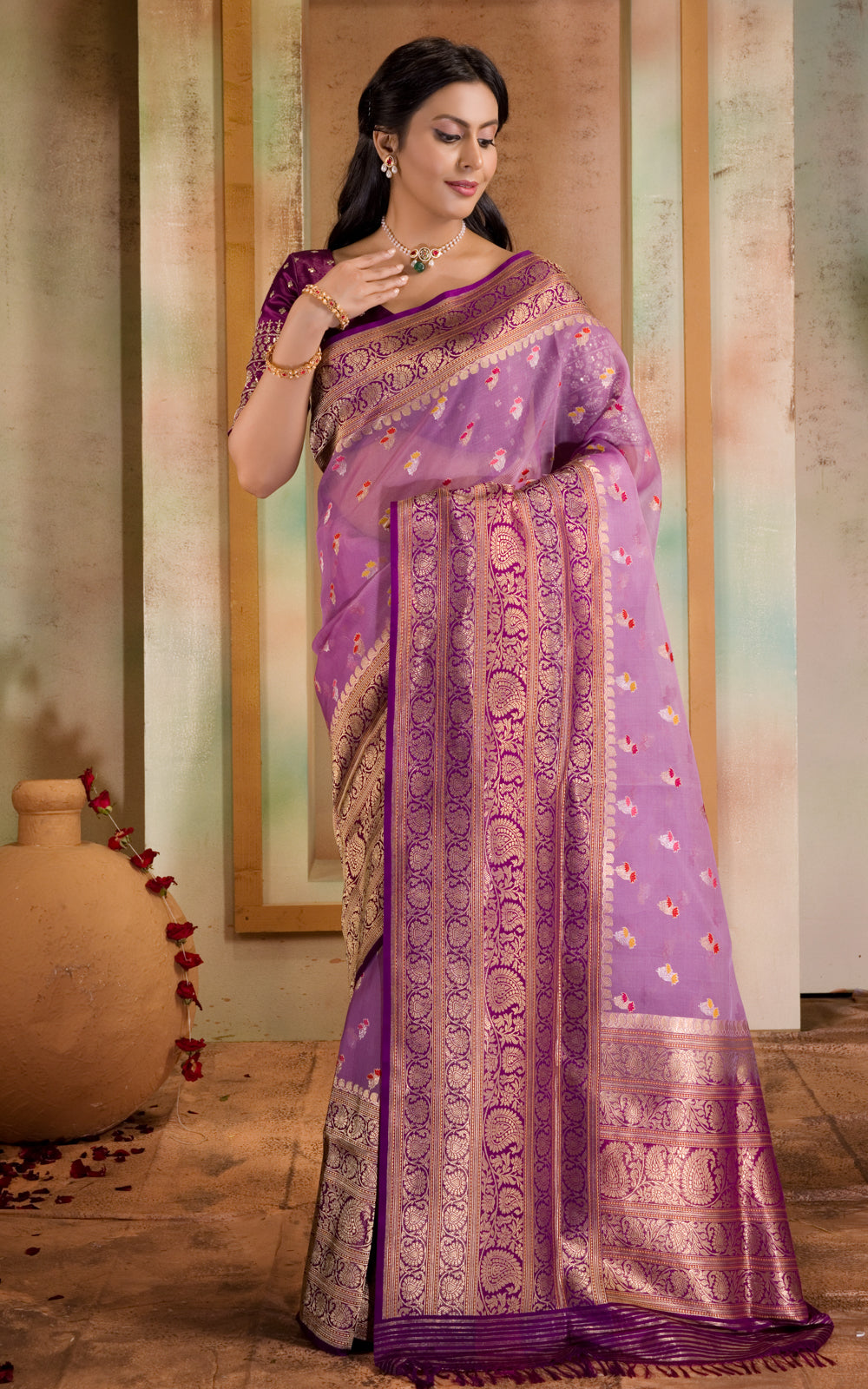 Lavender & Purple Iktara Kora Silk Saree