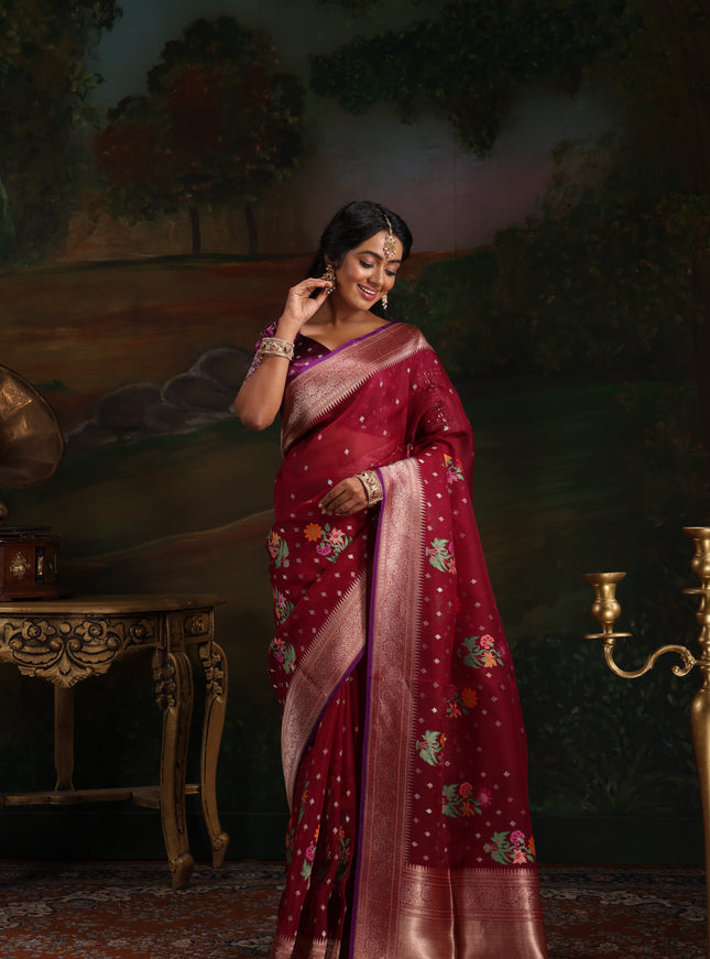 Maroon & Violet Iktara Kora Silk Saree With Floral Motif