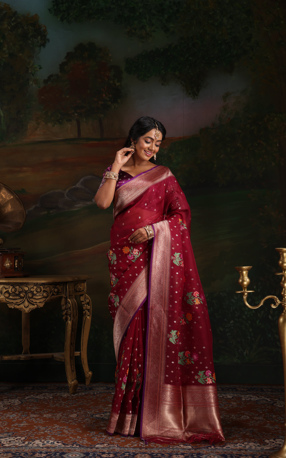 Maroon & Violet Iktara Kora Silk Saree With Floral Motif
