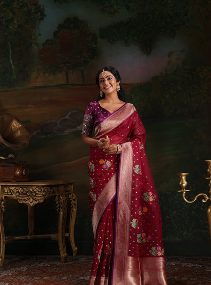 Maroon & Violet Iktara Kora Silk Saree With Floral Motif