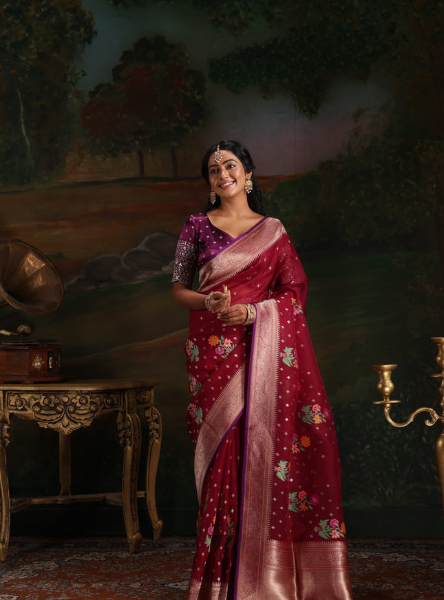 Maroon & Violet Iktara Kora Silk Saree With Floral Motif