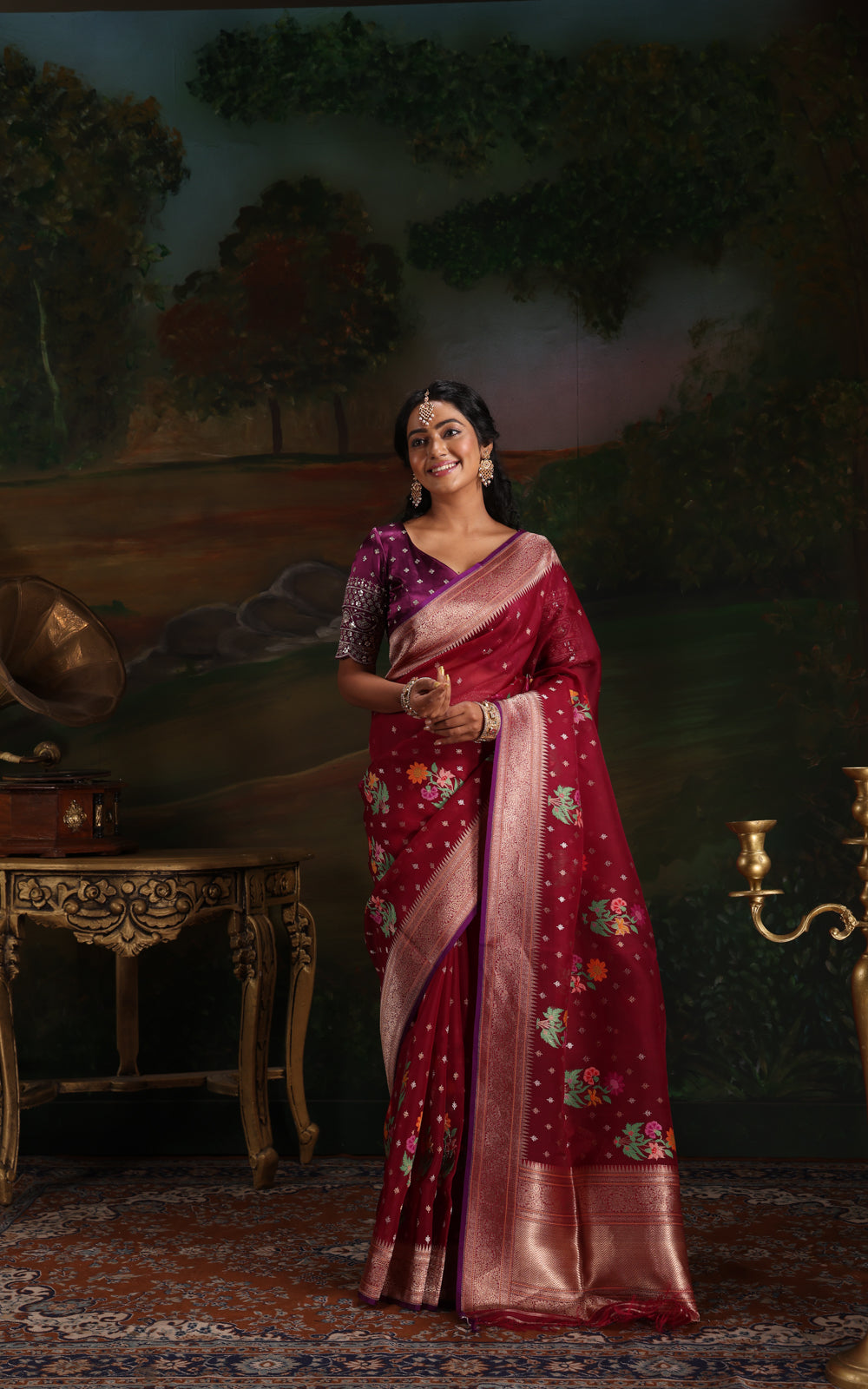 Maroon & Violet Iktara Kora Silk Saree With Floral Motif