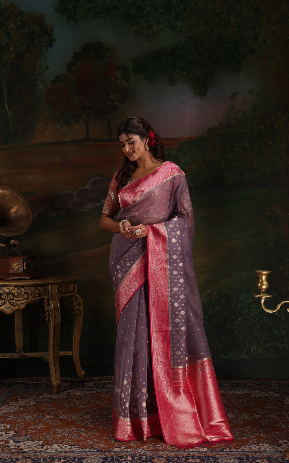 Dual Tone Grey & Pink Iktara Kora Silk Saree